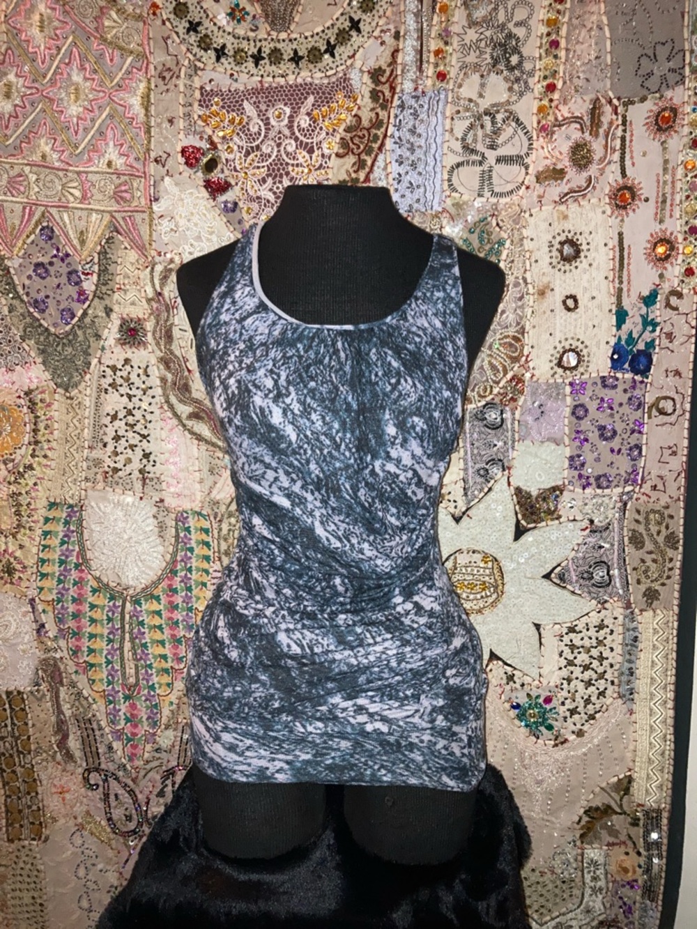 Calvin Klein Black and Gray Marble-Print Racerback Tank